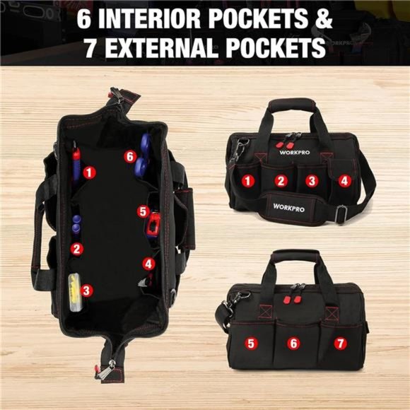 WORKPRO 14" Tool Bag, Multi-pocket Tool Organizer with Adjustable Strap , black - Picture 4 of 7